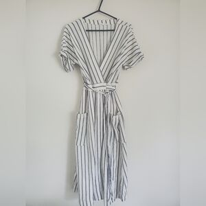 Striped V-Neck White & Navy Wrap Dress